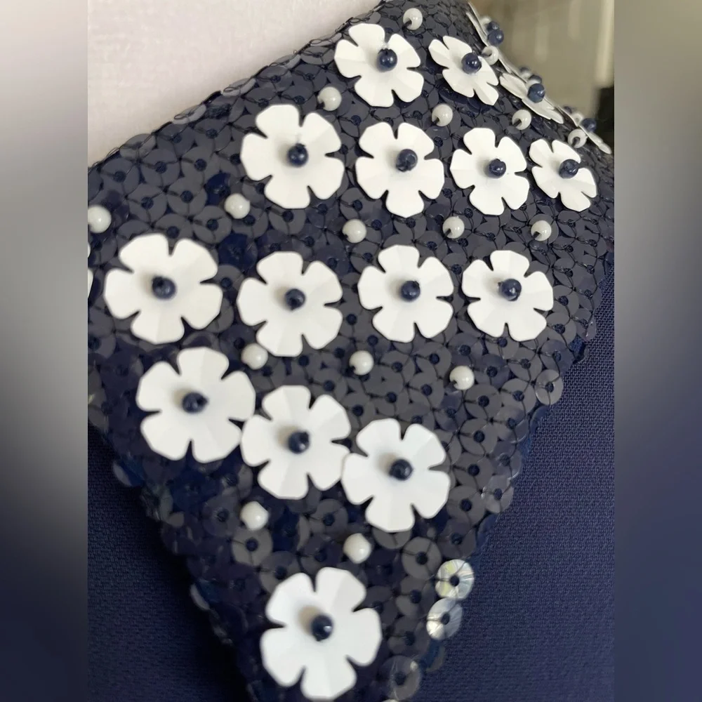 Michael Kors Floral Appliqué Collared Shift Dress Navy Blue and White Size 8